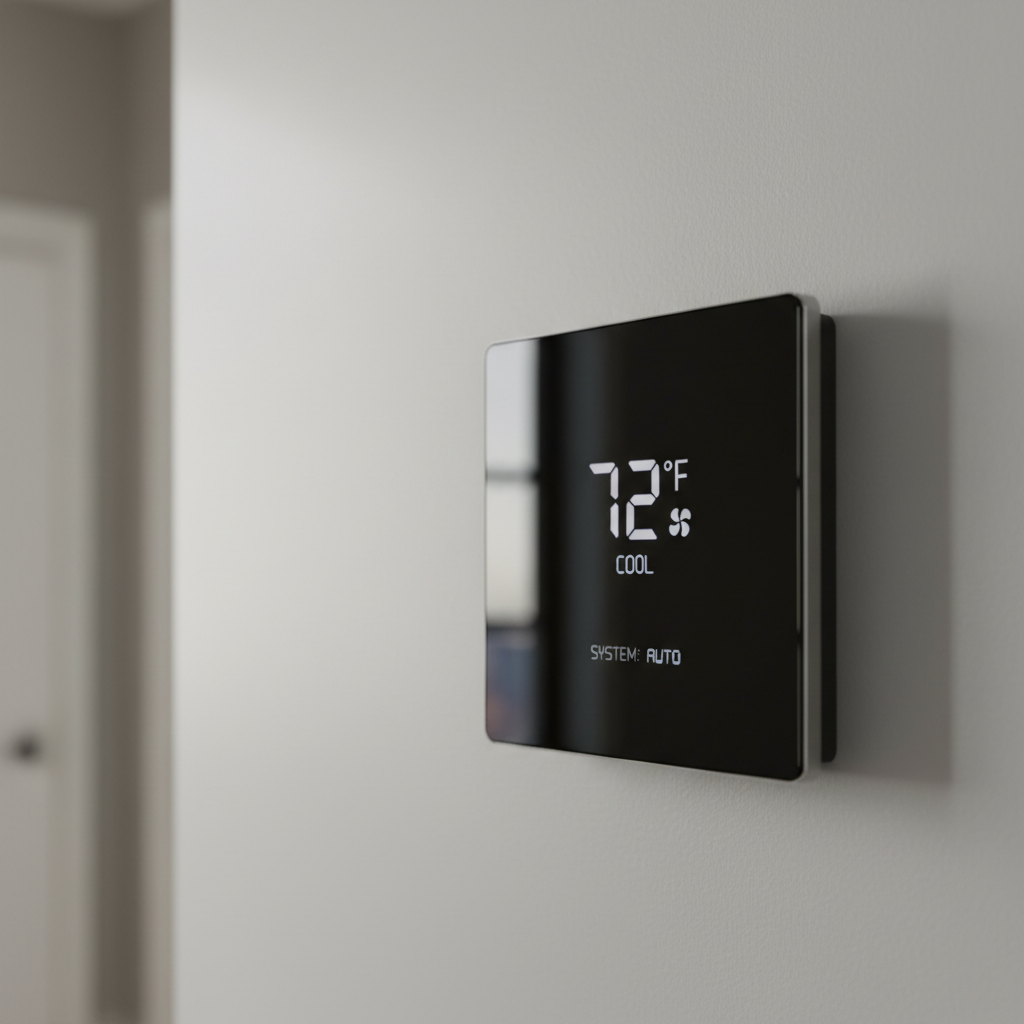 A sleek, wall-mounted smart thermostat with a minimalist black glass front and softly glowing digital display showing current temperature and system status, positioned on a smooth, light gray painted wall. The texture of the wall is subtle and matte, contrasting with the thermostat’s reflective surface. Soft, diffused daylight from an unseen window to the left creates a gentle gradient across the wall and faint reflections on the thermostat’s edges. The background is deliberately uncluttered and slightly out of focus, maintaining a calm, professional mood. Framed using the rule of thirds with a shallow depth of field, the thermostat appears crisp and precise. The photographic realism and neutral color palette reinforce a clean, modern, corporate aesthetic that highlights energy-efficient control and advanced HVAC technology.