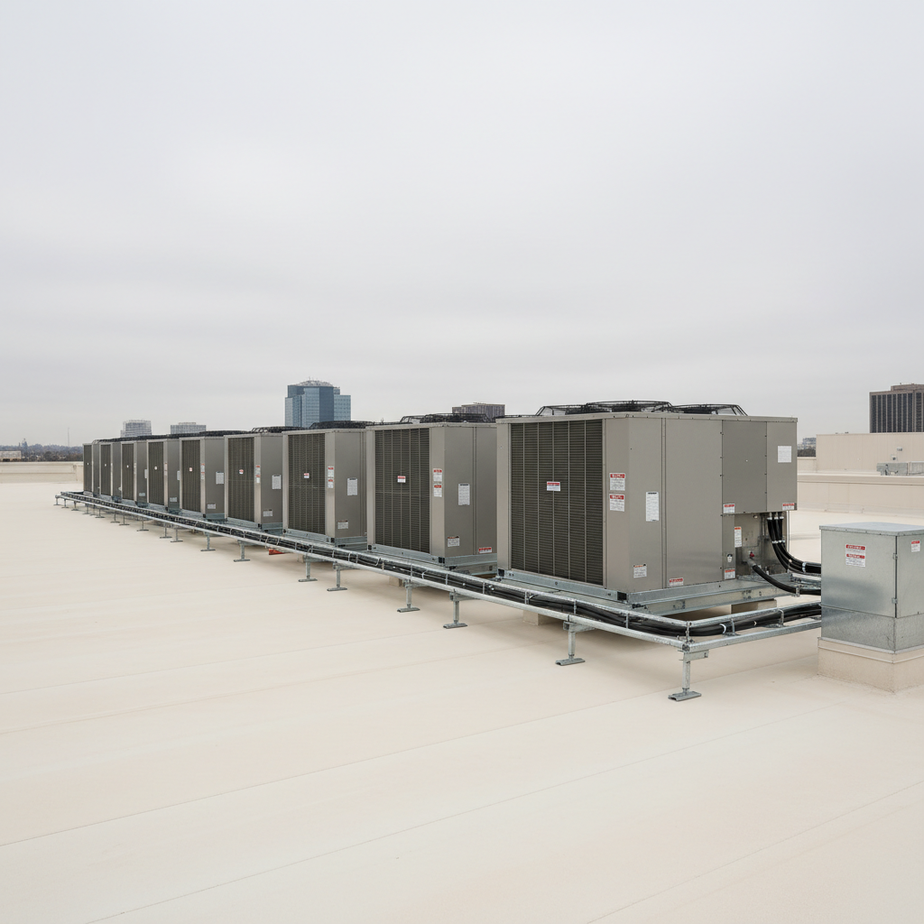 A tidy, commercial rooftop HVAC installation featuring several rectangular metal packaged units aligned in a precise row on a flat, light-colored membrane roof. Each unit has clearly defined vents, access panels, and grilles in muted gray and silver tones, with neatly labeled service panels visible. Low metal cable trays and conduit run in straight, organized paths along the roof surface. The sky is overcast with diffused, soft light that evenly illuminates the equipment, minimizing harsh shadows and emphasizing clean lines. Shot from a slightly elevated angle with wide framing, the composition shows depth and repetition without any people in view. The overall look is photographic, structured, and professional, conveying reliability and large-scale capability for commercial heating and cooling projects.