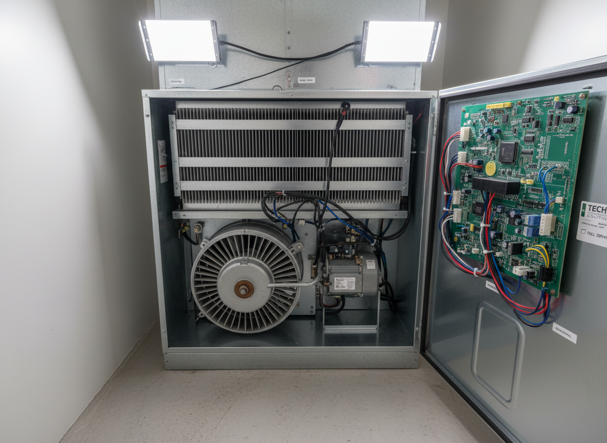 A precise, step-by-step maintenance scene focused on an open HVAC furnace cabinet, showing the clean interior components: heat exchanger, blower assembly, control board, and neatly organized wiring in color-coded harnesses. The metal surfaces are free of dust and grime, with labels and service stickers clearly visible but unobtrusive. The unit is installed in a small, tidy mechanical alcove with neutral off-white walls and a smooth, uncluttered floor. Cool, uniform LED work lighting from above and to the side creates clear visibility and gentle, functional shadows. Shot from a slightly elevated, close-up angle, the composition emphasizes clarity and detail while maintaining a balanced, corporate look. The photographic realism highlights thorough maintenance practices, system reliability, and professional service standards.