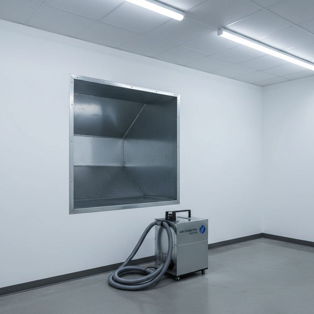A clean duct cleaning scene inside a mechanical room, focusing on a large rectangular air duct opening with its panel removed, revealing spotless galvanized steel interior surfaces. Around the opening, the exterior of the duct is smooth, with crisp edges and securely fastened seams. On the floor below sits an industrial vacuum hose and a compact, high-efficiency filtration unit in neutral gray tones, arranged neatly. Even, cool-white LED lighting washes over the area, creating soft, controlled shadows that enhance the sense of depth. Captured at a slightly elevated angle with sharp focus throughout, the image has a balanced, structured composition. The photographic realism and corporate aesthetic underscore cleanliness, air quality improvement, and meticulous maintenance services.