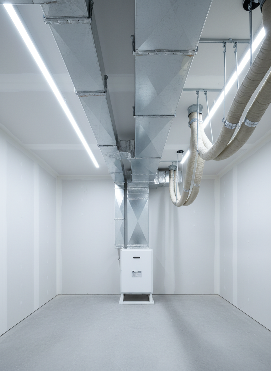 A pristine residential HVAC air handler and ductwork system installed in a bright, unfinished utility room with smooth white walls and a clean concrete floor. Rectangular galvanized steel ducts with crisp edges run horizontally along the ceiling, branching into perfectly sealed joints with neat foil tape and mastic, all aligned in a structured grid. Neutral-colored insulated flexible ducts curve gracefully in the background, organized and secured. Cool, even LED lighting from above creates a neutral tone with soft shadows that define the geometric lines. Captured from a slightly low angle using the rule of thirds, the composition emphasizes system efficiency and craftsmanship. The photographic, clean, and modern style conveys a professional, corporate atmosphere suitable for showcasing expert installation services.